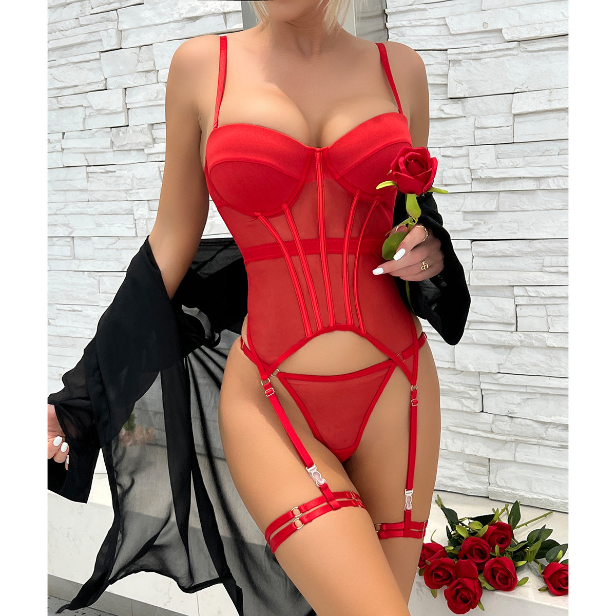 Comfortable mesh yarn breathable body sculpting split set steel ring gathering with leg ring
