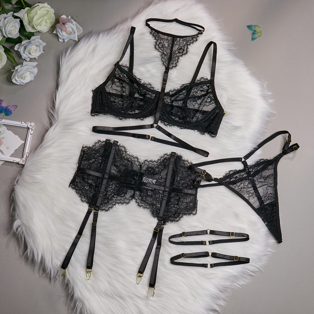 Fun three-piece set, hot-selling lace eyelashes, lace fish bone splicing, including neck and foot rings.
