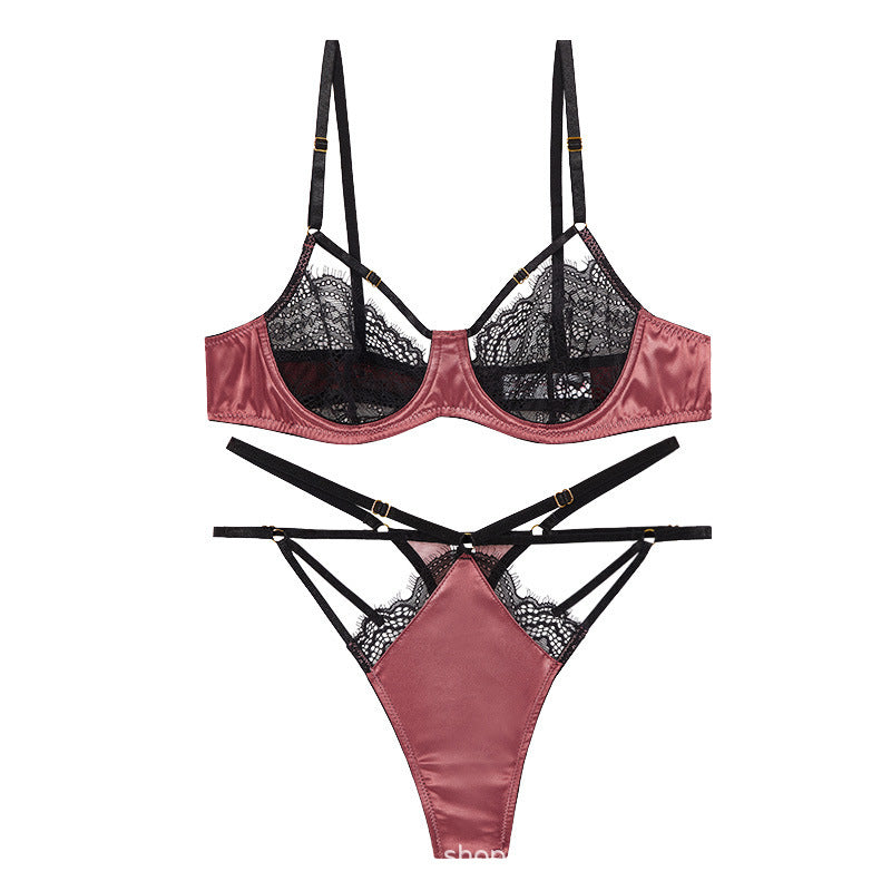 super book lace French bra T-pants satin splicing perspective temptation sexy lingerie retro suit