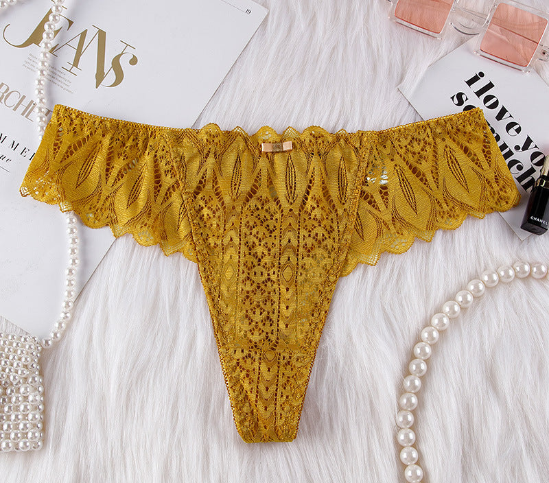 Sexy lace low-rise T-pants thong women's breathable belt hollow and seamless temptation transparent underwear women's new models