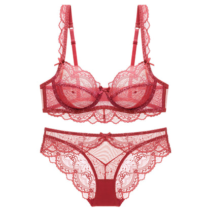 Ultra-thin sponge-free transparent bra, big chest and small lace bra, women's sexy underwear, bra set.