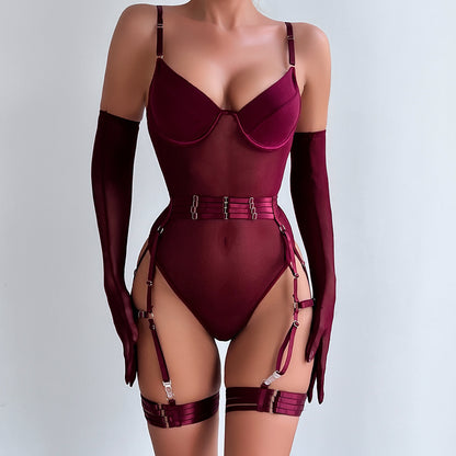 Hot-selling sexy underwear straps splicing slim straps gloves three-piece set