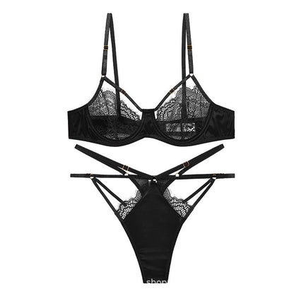 super book lace French bra T-pants satin splicing perspective temptation sexy lingerie retro suit