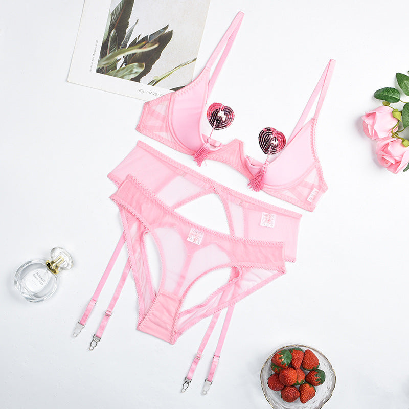 Internet celebrity lingerie bare chest with nipple sticker sexy perspective mesh peach hip four-piece female