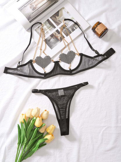 Internet celebrity lingerie breast love chain sexy perspective mesh five-piece female