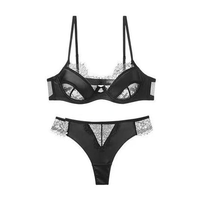 New lace erotic underwear T-pants satin splicing perspective seduction sexy bra set French bra