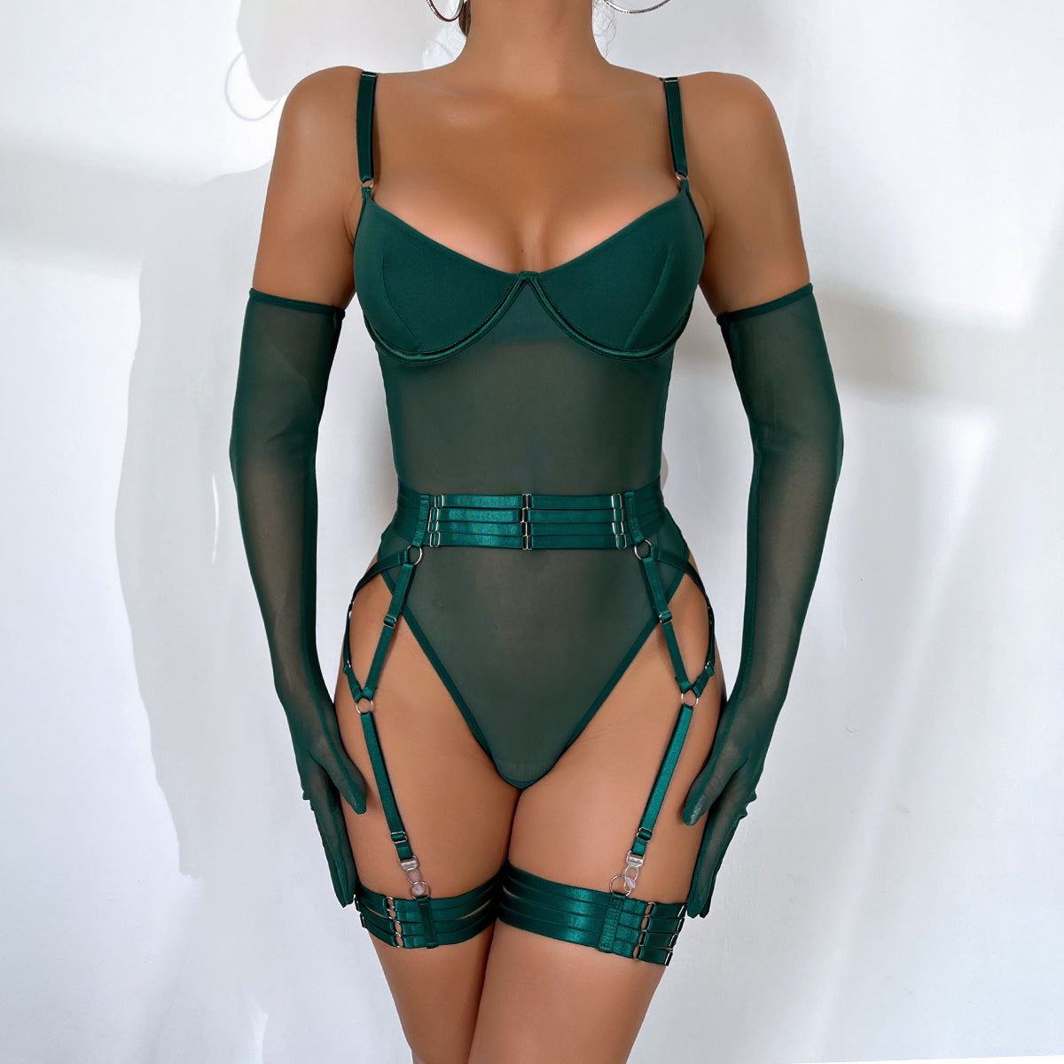Hot-selling sexy underwear straps splicing slim straps gloves three-piece set