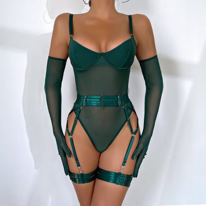 Hot-selling sexy underwear straps splicing slim straps gloves three-piece set