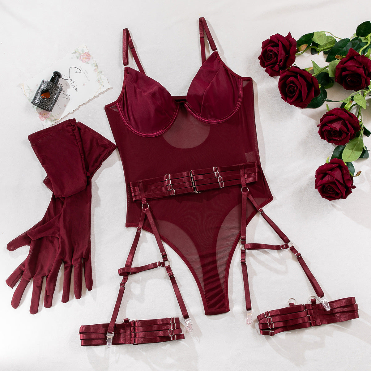 Hot-selling sexy underwear straps splicing slim straps gloves three-piece set