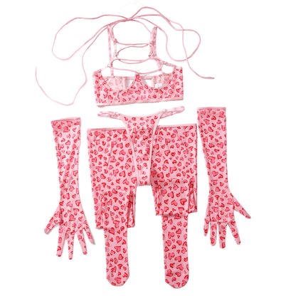 New sex suit cute girl leopard print mesh sexy underwear gloves leg socks four-piece set