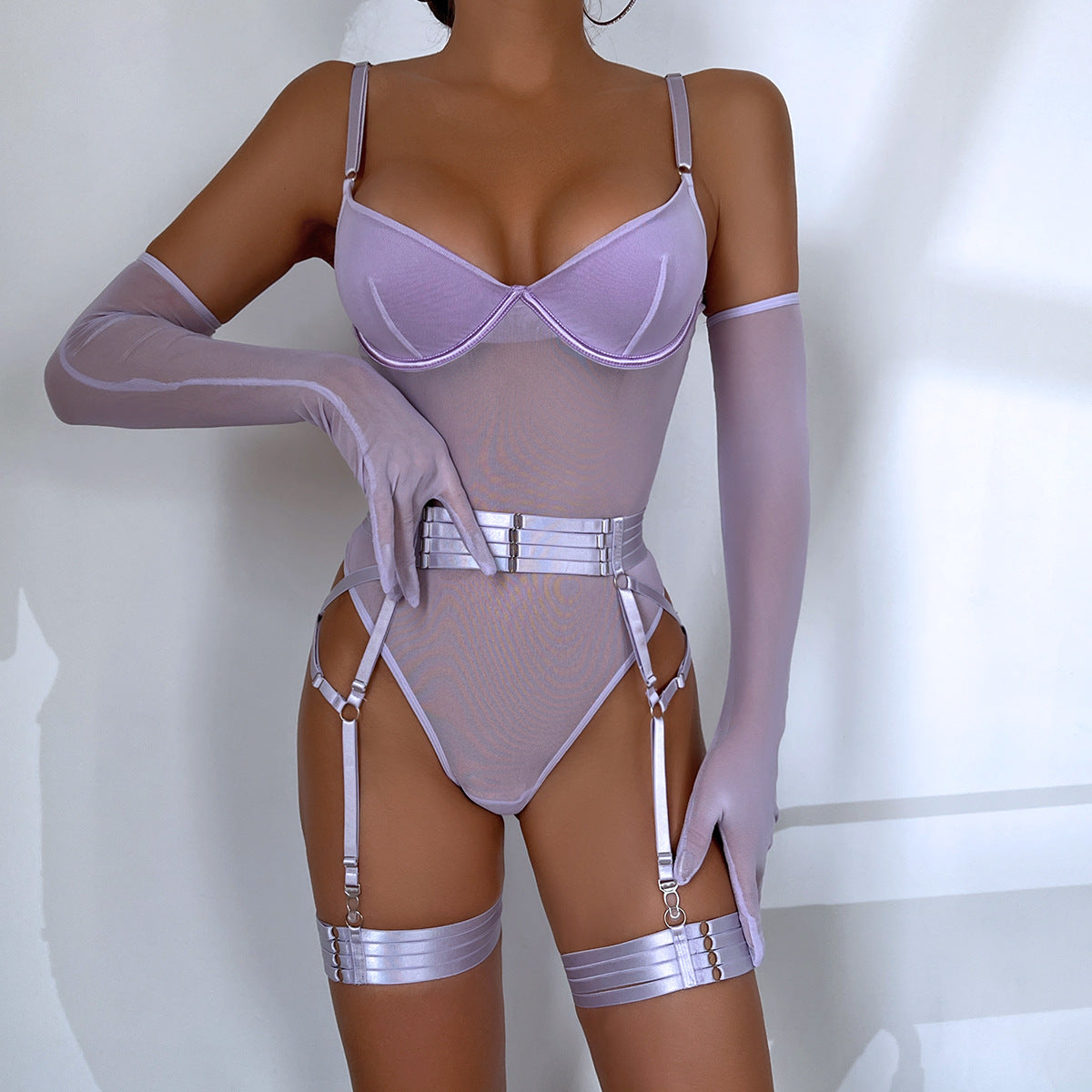 Hot-selling sexy underwear straps splicing slim straps gloves three-piece set