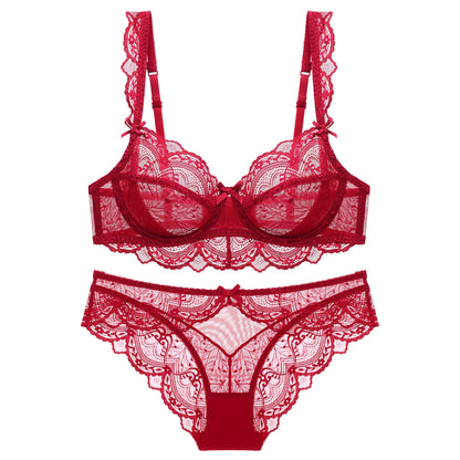 Ultra-thin sponge-free transparent bra, big chest and small lace bra, women's sexy underwear, bra set.