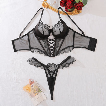 Love Embroidery Shape Bra Panties Two-piece Set Cross Strap Perspective Sexy Underwear Set Women