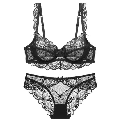 Ultra-thin sponge-free transparent bra, big chest and small lace bra, women's sexy underwear, bra set.