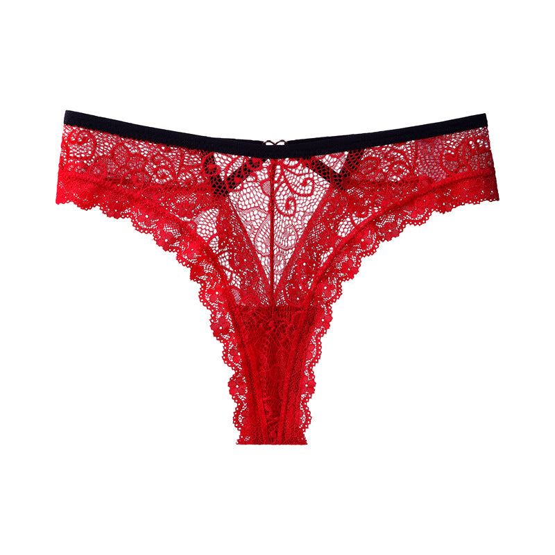 Hot peach buttocks hollow sexy panties women's lace pure desire transparent thong color matching fashion T-pants