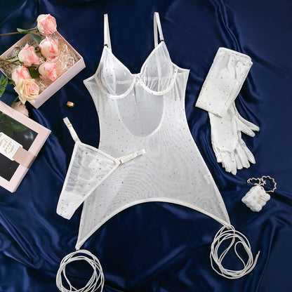 Popular new color sequins characteristic women's nightclub style steel ring gathering gloves binding rope three-piece set