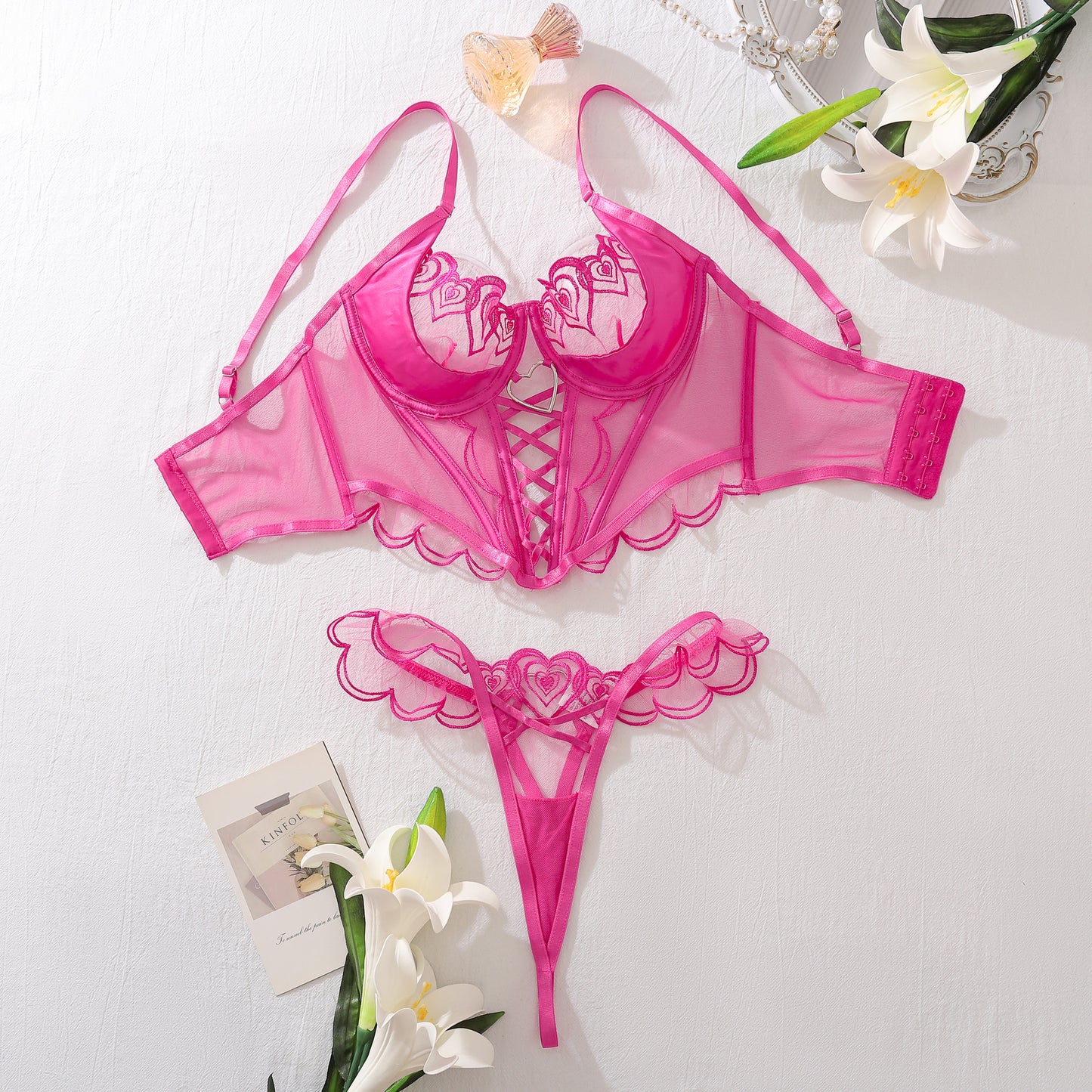 Love Embroidery Shape Bra Panties Two-piece Set Cross Strap Perspective Sexy Underwear Set Women