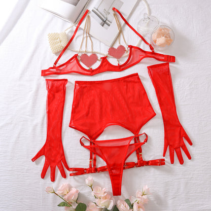 Internet celebrity lingerie breast love chain sexy perspective mesh five-piece female
