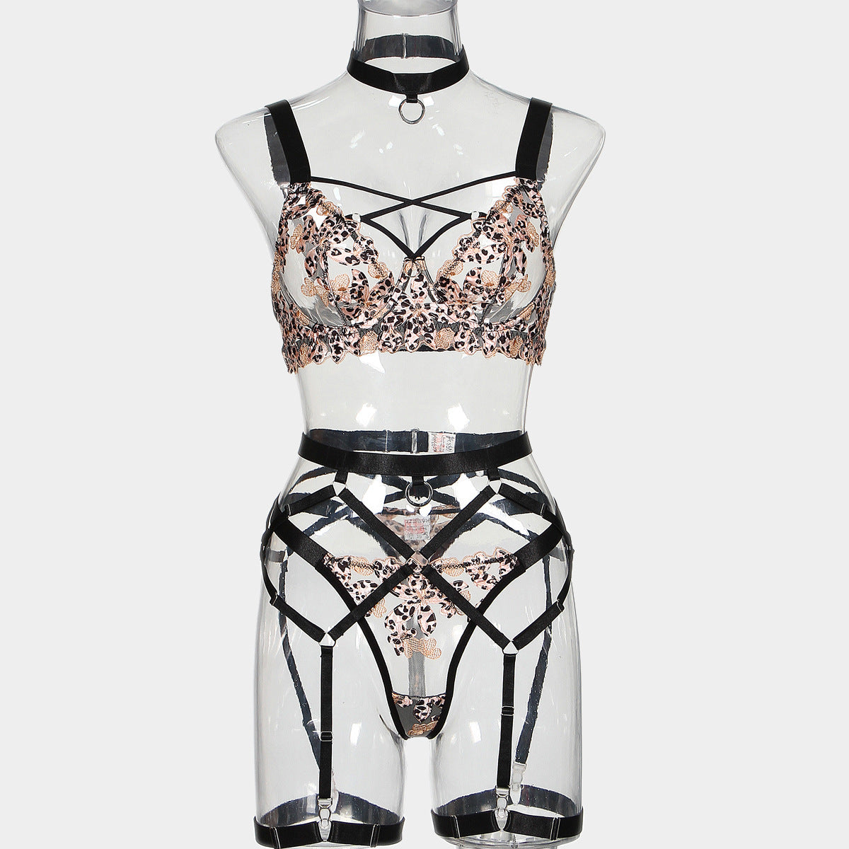hot-selling sex set Perspective leopard print embroidery steel ring gathers sexy underwear five-piece set