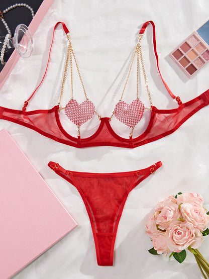 Internet celebrity lingerie breast love chain sexy perspective mesh five-piece female
