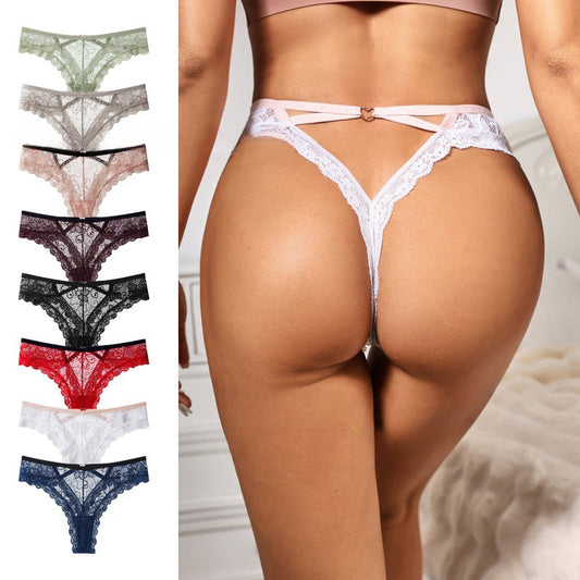 Hot peach buttocks hollow sexy panties women's lace pure desire transparent thong color matching fashion T-pants