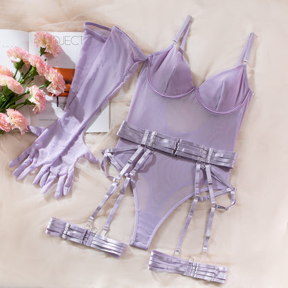 Hot-selling sexy underwear straps splicing slim straps gloves three-piece set