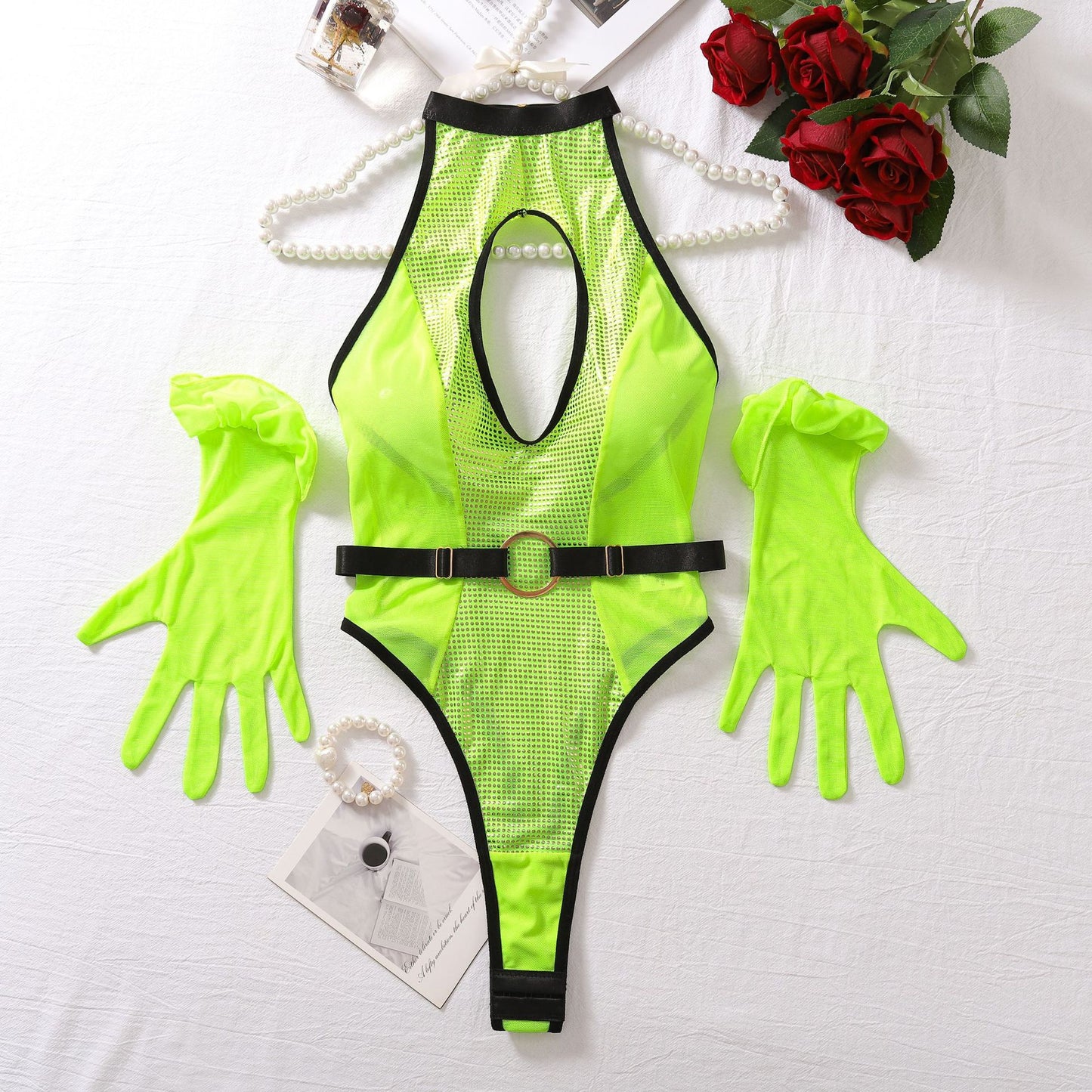 hot-selling new women's clothing design sense rhombus printing mesh splicing hollow neck fun onesie