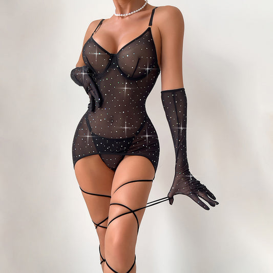 Popular new color sequins characteristic women's nightclub style steel ring gathering gloves binding rope three-piece set