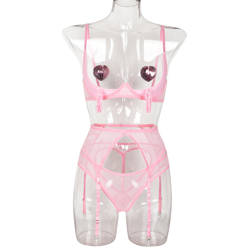 Internet celebrity lingerie bare chest with nipple sticker sexy perspective mesh peach hip four-piece female