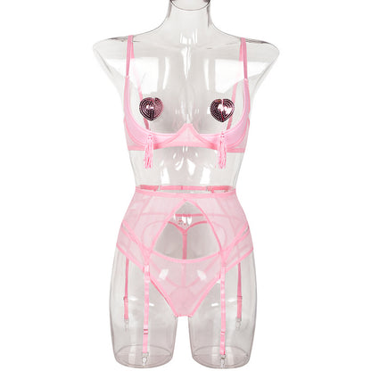 Internet celebrity lingerie bare chest with nipple sticker sexy perspective mesh peach hip four-piece female