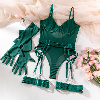 Hot-selling sexy underwear straps splicing slim straps gloves three-piece set